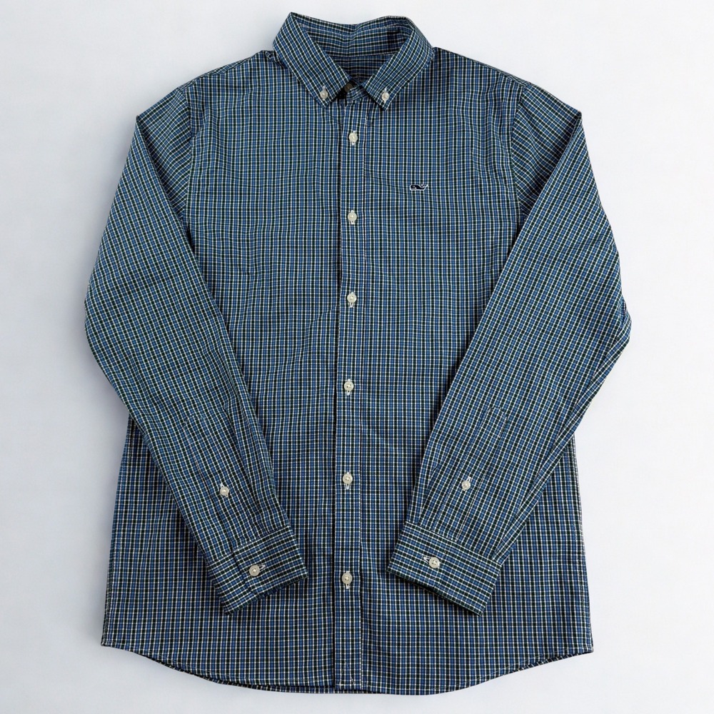 Vineyard Vines Button Down Whale Shirt Boys Large 16 Blue Green Plaid Preppy